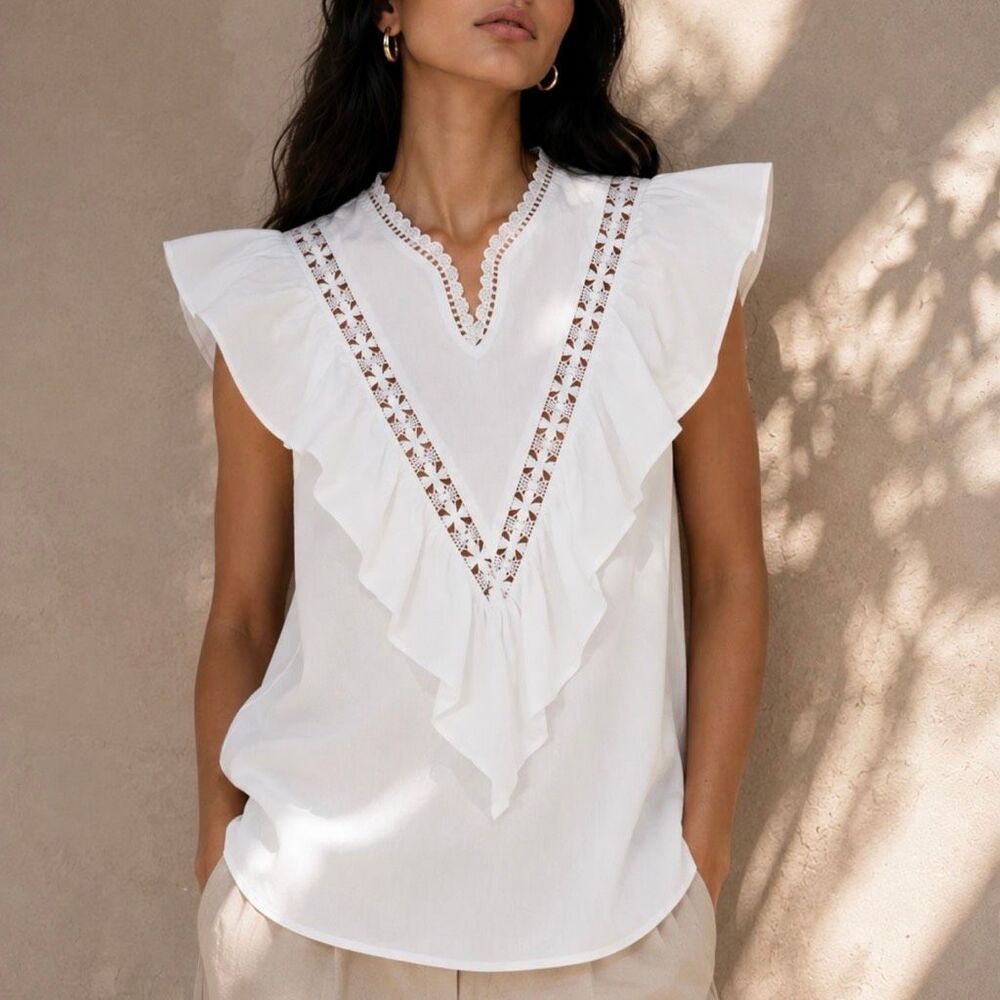 MI GOLONDRINA Valentina White Blouse Top Size Small Ruffle White Embroidered